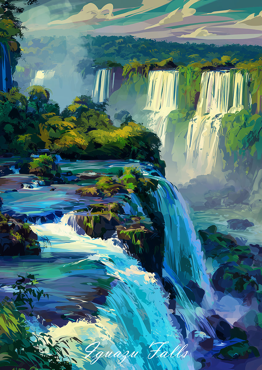 Vibrant artwork of Iguazu Falls with cascading water and lush greenery.